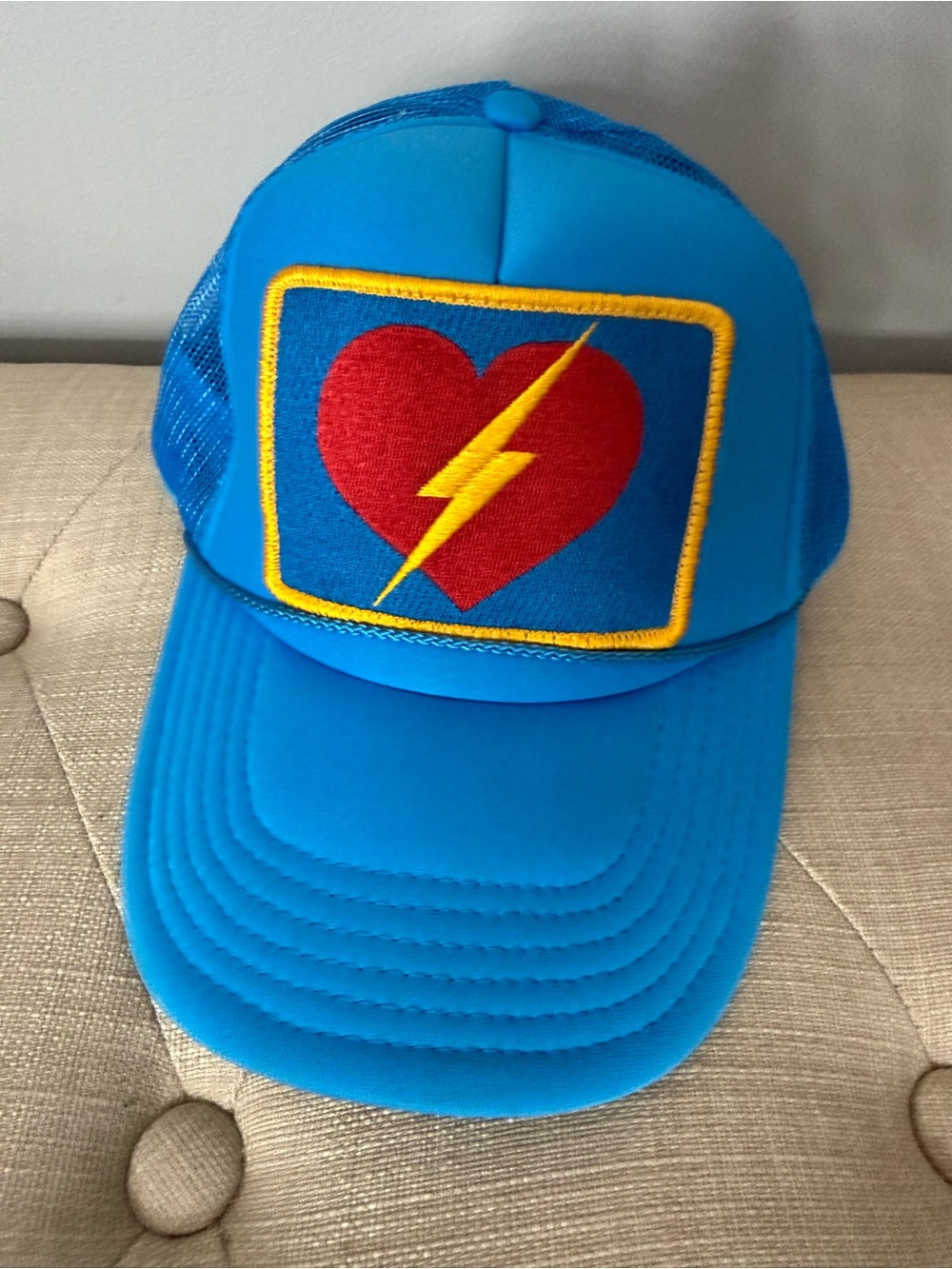 Aviator Nation Bright Blue Trucker Hat with Red Heart & Yellow Lightning Patch